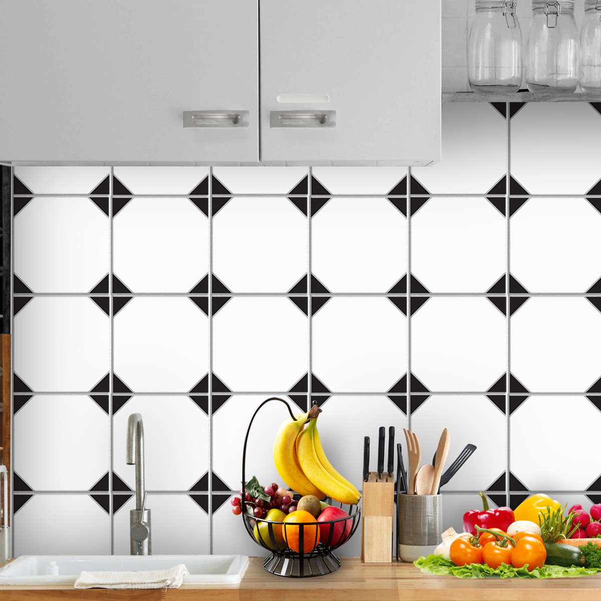 Black and White Geometric Tile Stickers | Hand Crafted Decals | Peel and Stick Kitchen Wall Floor Bathroom Tile Decals | Removable Stickers