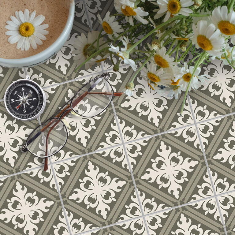 Peel and Stick Olive Floral Tile Sticker Bathroom, Peel and Stick Shower Tile, Bathroom Tiles, Floor Decals, Adhesive Floor Vinyl Tiles, Self Stick Vinyl Flooring USA